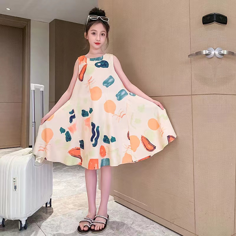 Girls Dresses, Summer Dresses, 2024 New Kids Dresses, Summer Sleeveless Dresses, Girls Princess Dresses, Foreign Graffiti Dresse