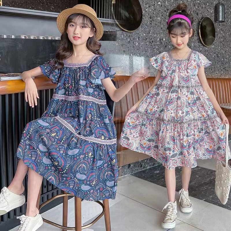 Girls' Dress 2024 Summer Foreign Style New Medium and Big Kids Short Sleeve Bohemian Chiffon Skirt Mid Length