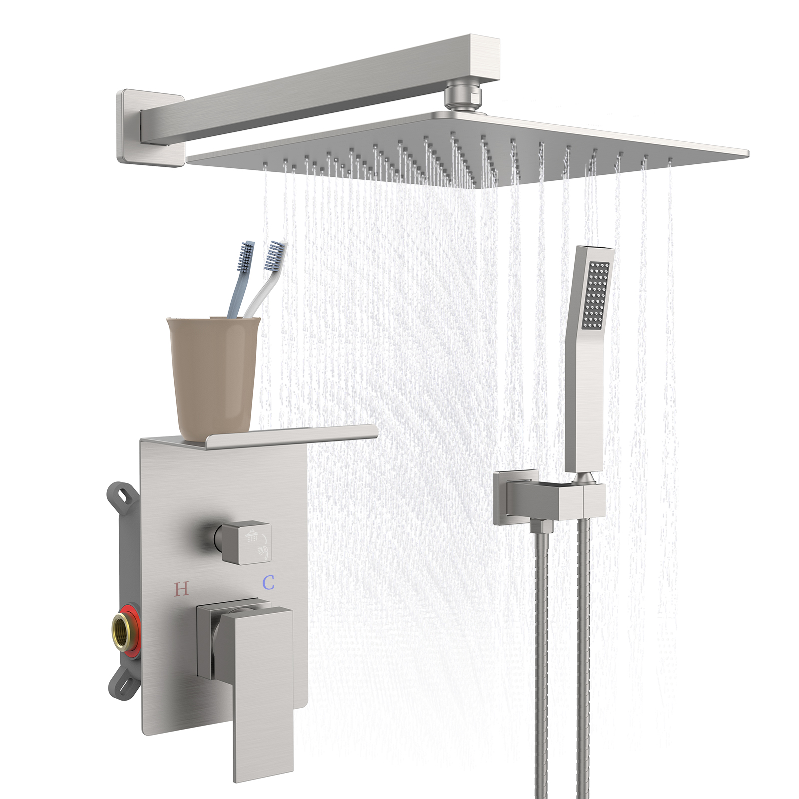 Rainfall Shower System With Storage Rack 10 inch Shower Faucet Set Brushed Nickel with High Pressure with Square Shower Head Lux