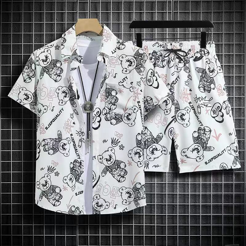 Ice silk short-sleeved flower shirt loose men's summer Sanya beach suit pair shorts with two sets of tops
