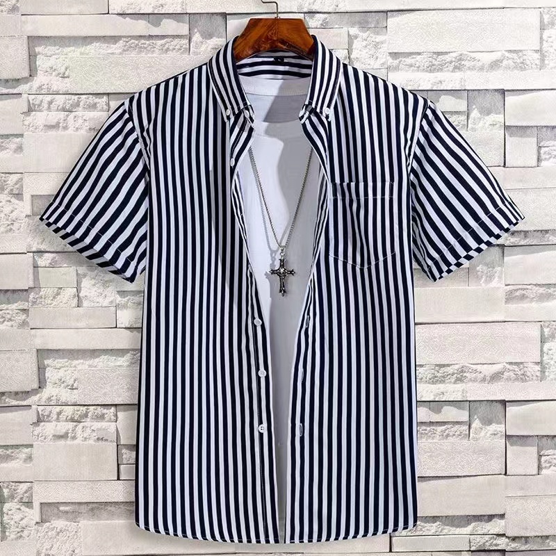 Young and middle-aged summer vertical stripes men short-sleeved white shirt fashion trend loose slim senior shirt men