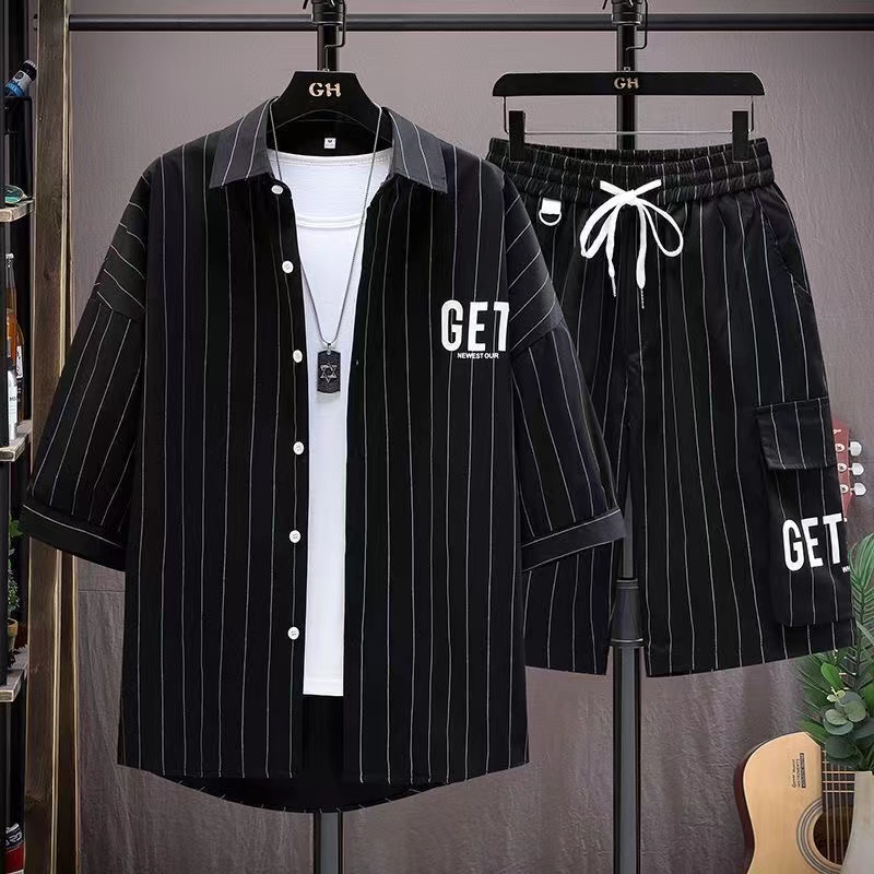 Add fat shirt shorts suit men's summer striped short-sleeved shirt high-grade men with a set of handsome