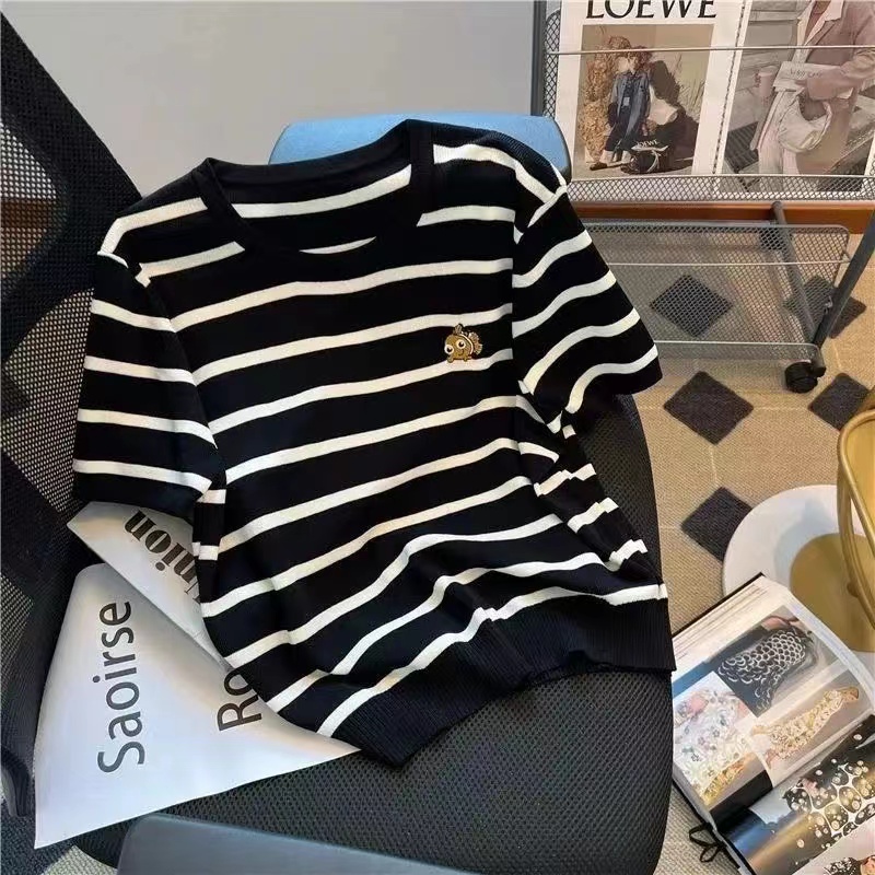 Summer new 2024 all-embroidered foreign air ice silk short-sleeved crew-neck top loose striped sweater