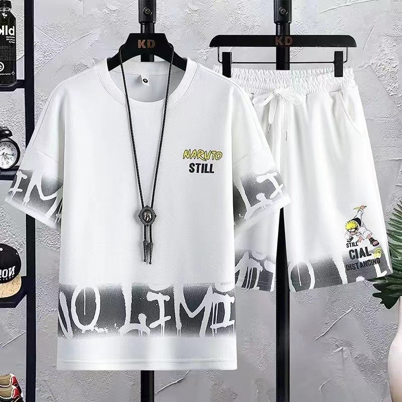 2024 summer short sleeve T-shirt loose suit male Korean version trend half sleeve body marlet 5 minutes shorts two-piece men's s