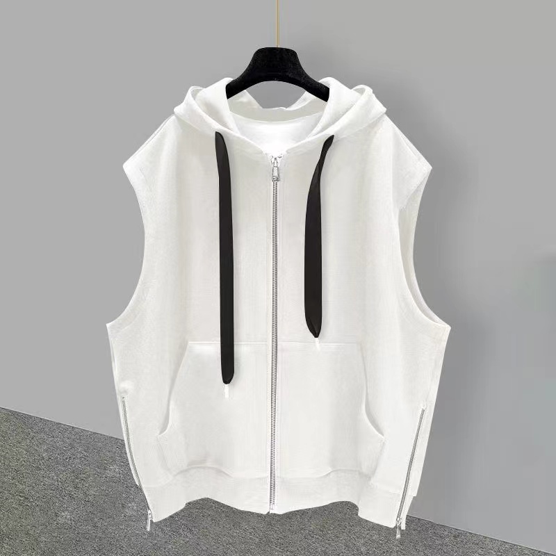 Solid color slit zipper sleeveless T-shirt Hong Kong style men summer fashion brand ins loose hooded vest vest handsome outside 