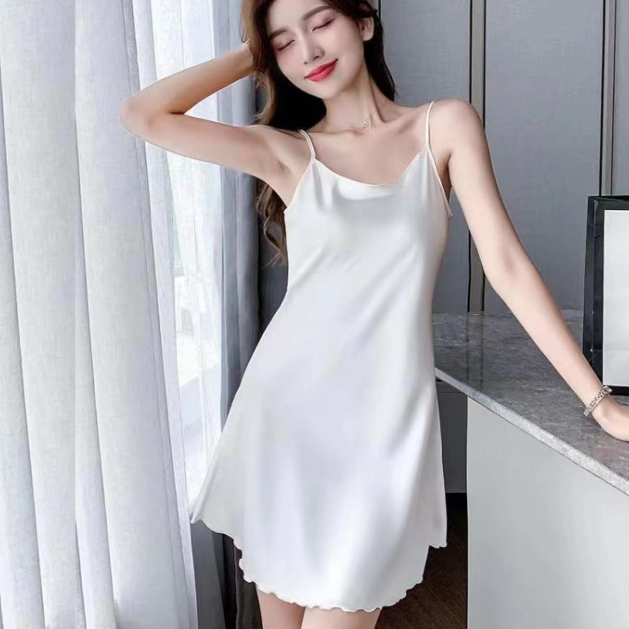 High satin halter one-piece women's nightdress summer thin mid-length with a suit outside wearing a solid color sundress top