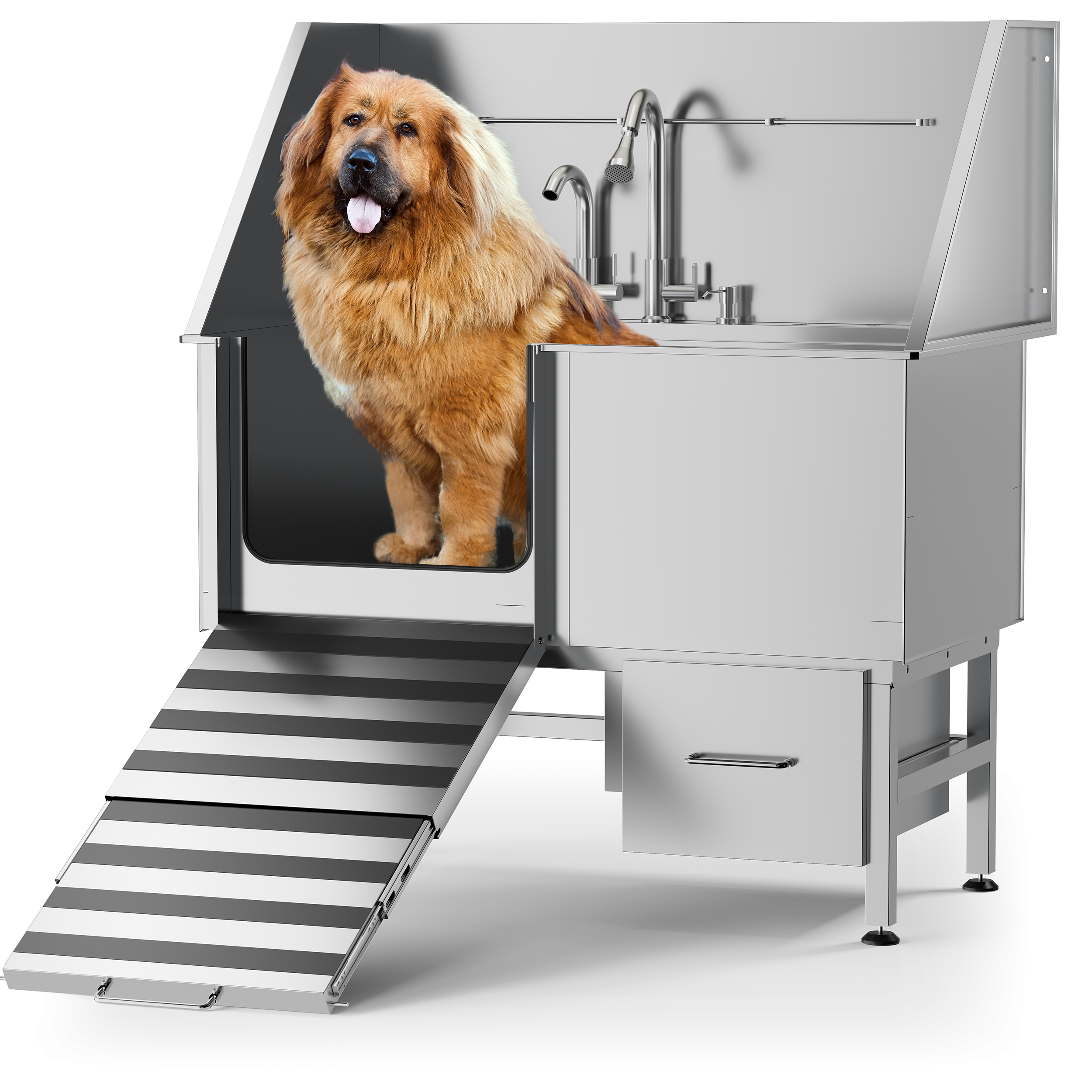 Professional Stainless Steel Dog Bathing Station - Dog Grooming Tub w/Ramp, Storage Drawer, Floor Grate & Faucet/Dog Bathtub for