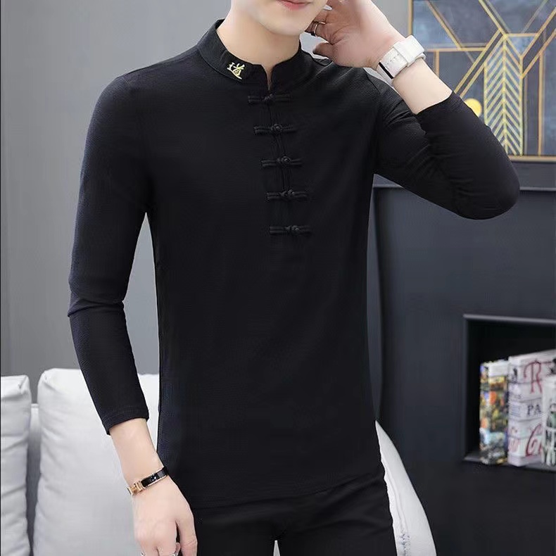 Tang suit men long sleeve cotton linen T-shirt Chinese style retro disc buckle stand collar with linen tai chi national wind