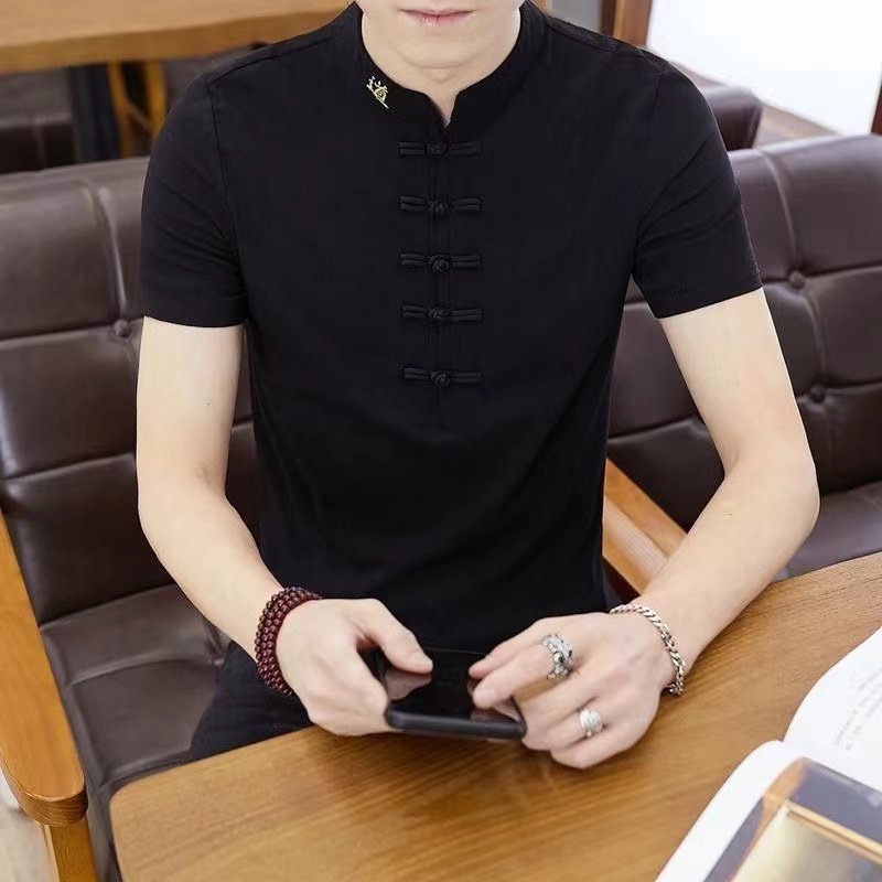 Tang suit men long sleeve cotton hemp T-shirt Chinese style retro disc buckle stand collar style