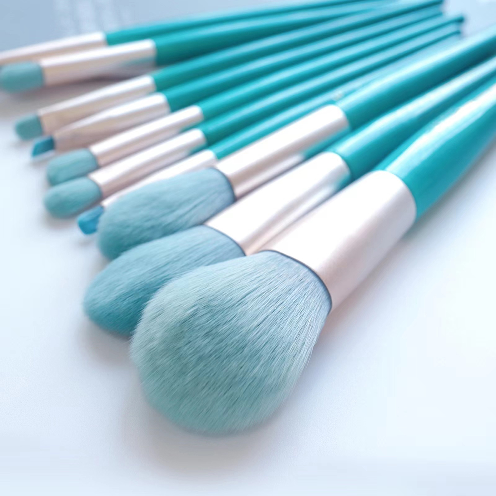 10 piece blue and bamboo makeup brush set Kabuki foundation make-up eye shadow powder blusher brush bag
