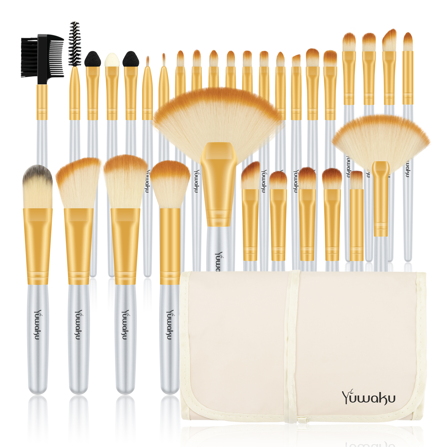 32 piece champagne ribbon logo (new product) makeup brush set with soft and dense bristles and makeup bag