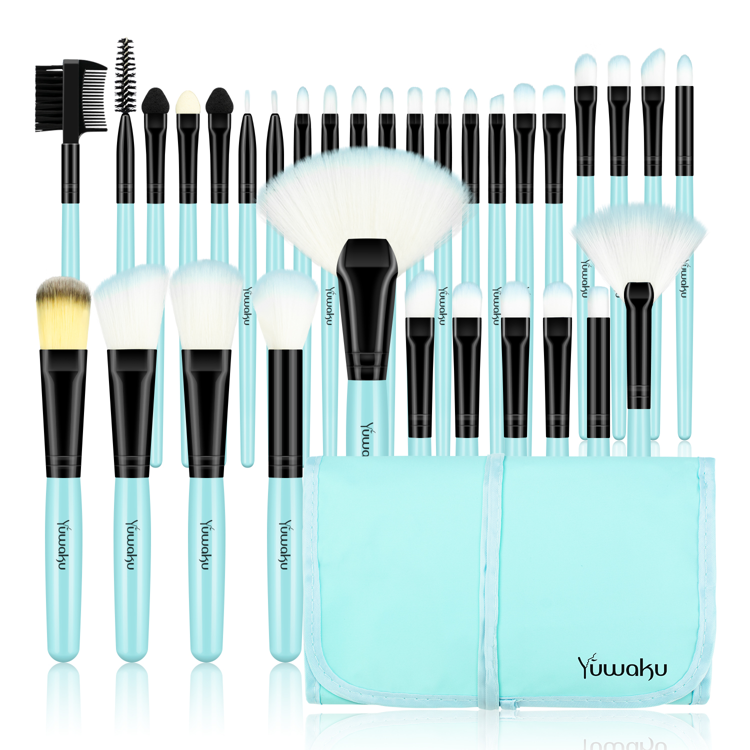 32 piece set of blue makeup brush set with soft and dense bristles and makeup bag (without logo)