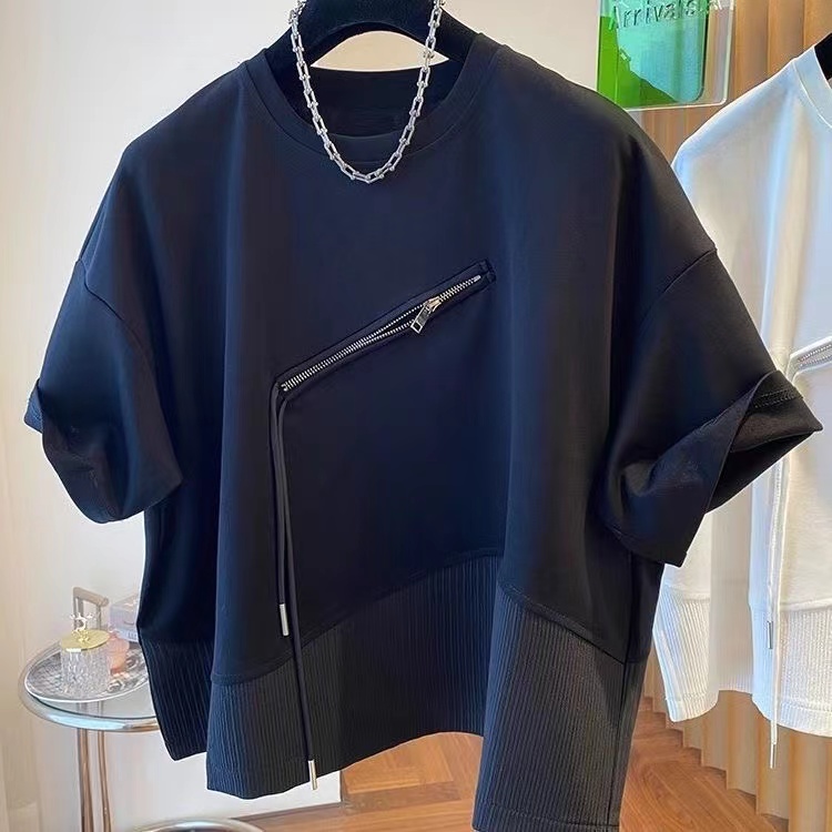 Summer irregular splicing niche zipper design sense short-sleeved T-shirt men and women loose couple top