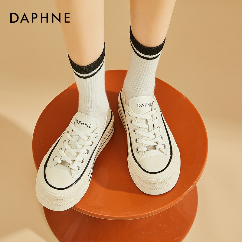 达芙妮厚底真皮帆布鞋女增高板鞋一脚蹬4023101168