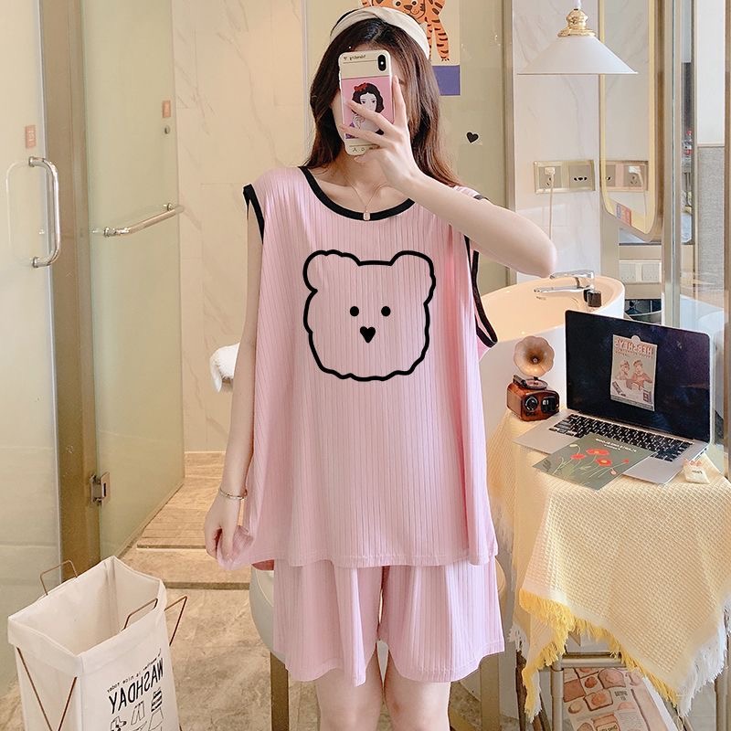 Add fat size pajamas female 300 pounds summer ice silk vest two-piece cartoon bear fat mm loose slimming