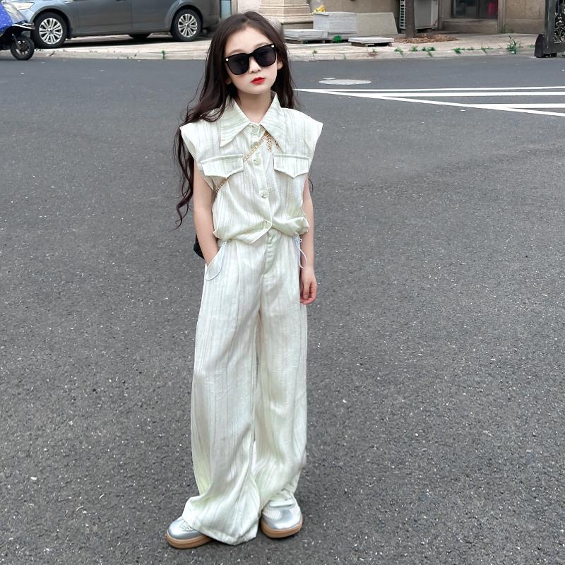Girls' French ice silk sleeveless shirt advanced sense 2024 new casual straight leg wide-leg pants texture two-piece set