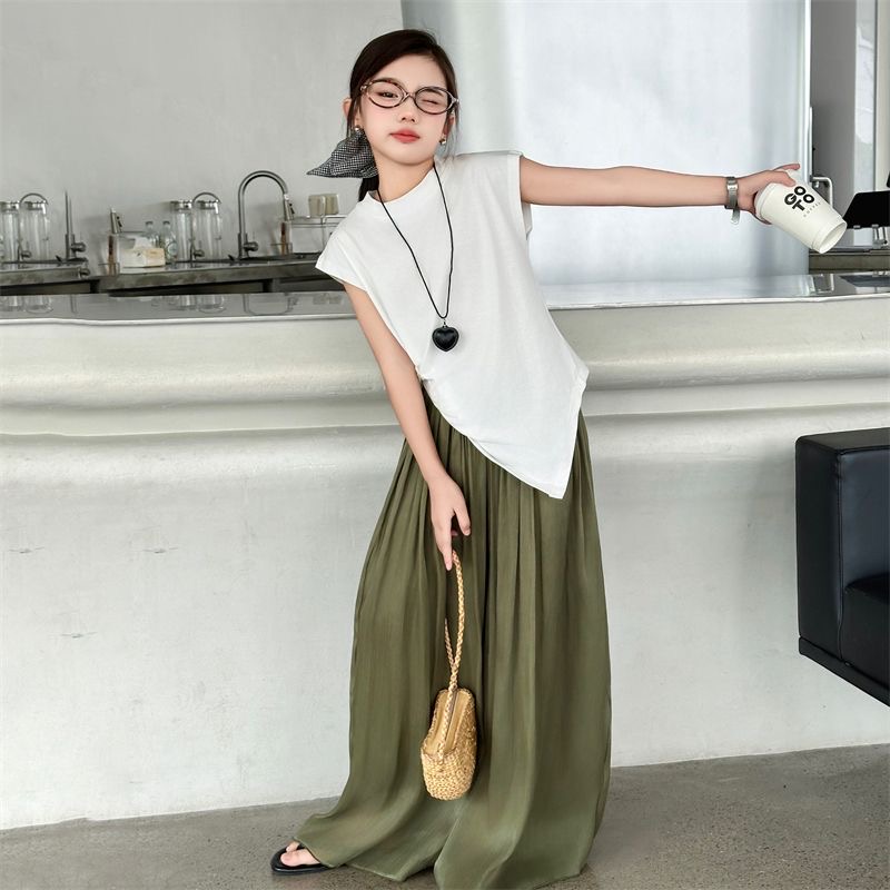 Girls' pants summer 2024 new culottes for children fashion style loose wide leg mop pants fried street cool trend