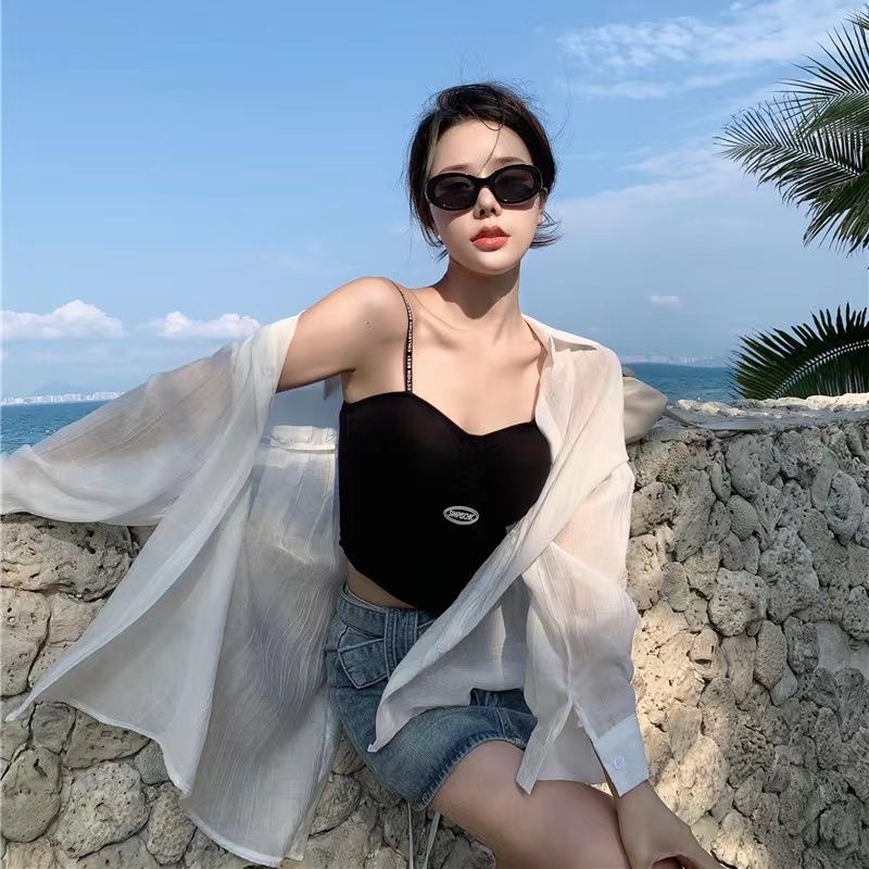 Thin long sleeve sun protection shirt shirt for women 2024 summer design feeling back slit lace-up white shirt top tide