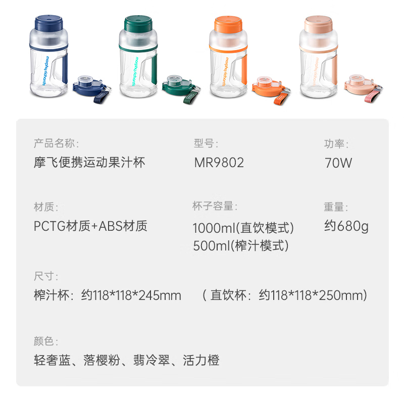 摩飞电器（Morphyrichards） 摩飞榨汁杯大容量运动果汁杯无线充电户外榨汁桶榨汁机小胖吨桶