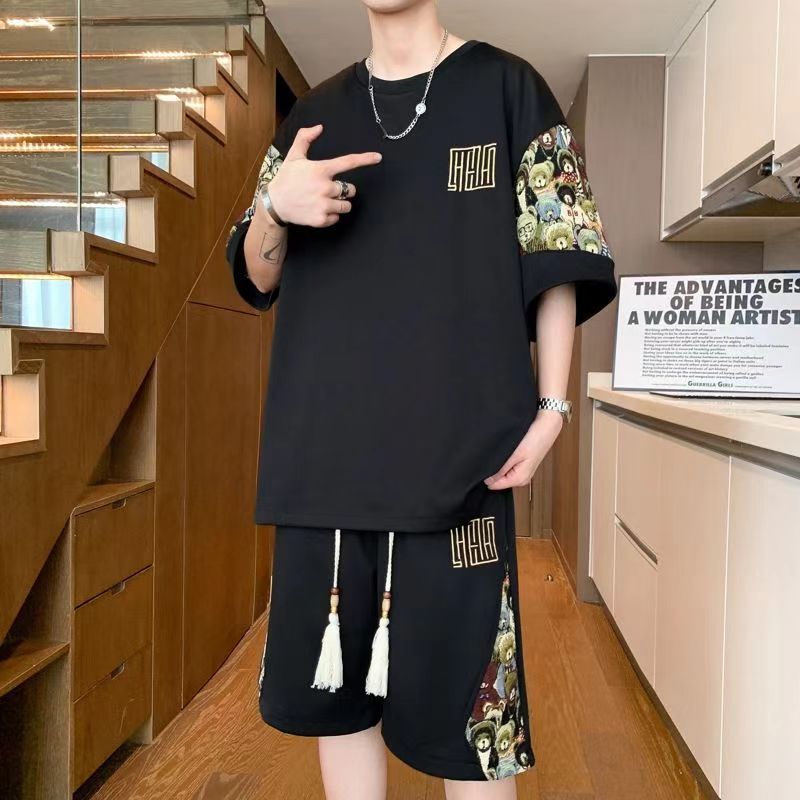New chinese-style suit men loose thin short-sleeved shorts two-piece sets of large-size summer t-shirt casual sportswear