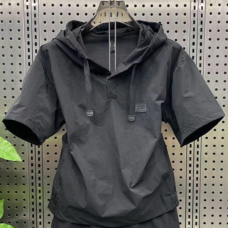 Summer solid color simple casual loose two-piece lightweight breathable sunscreen fashionable men's suit short sleeve shorts set