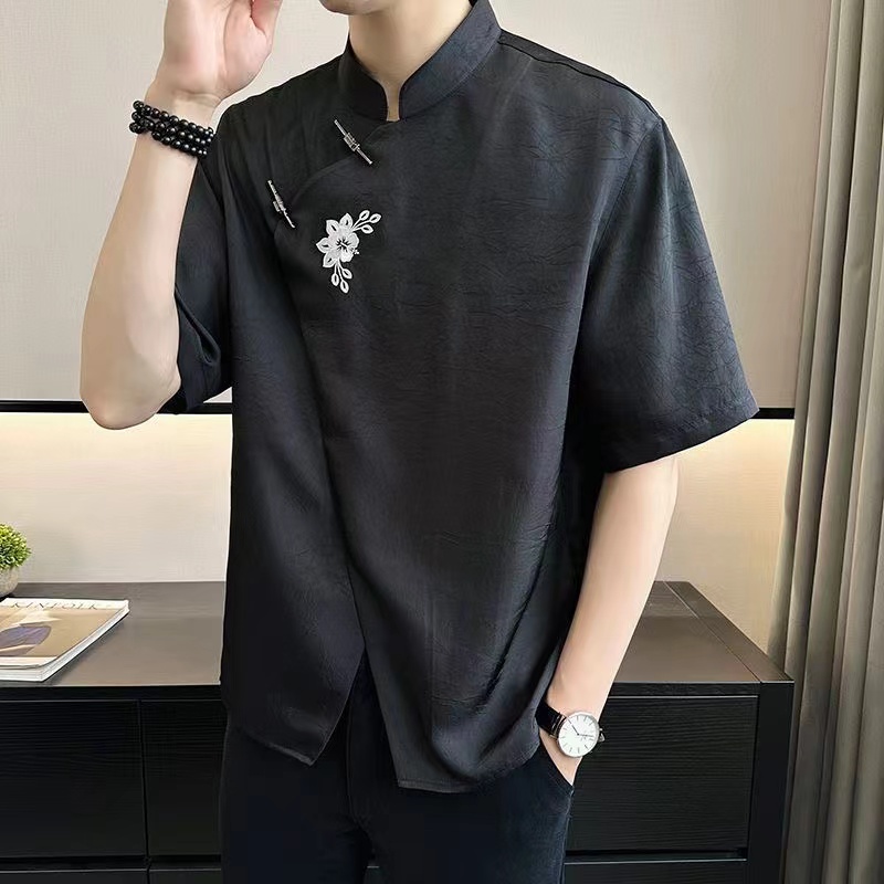 Summer short sleeve men's style ice silk stand collar 2024 new Chinese men's wear