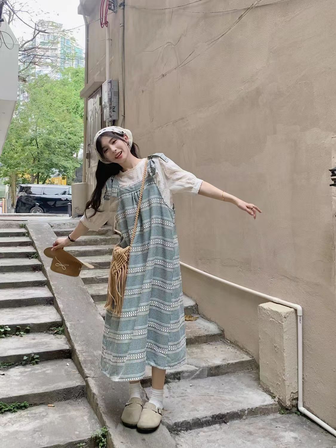 French sweet mori tie with folded halter dress women's two-piece summer lace short-sleeved blouse dress set