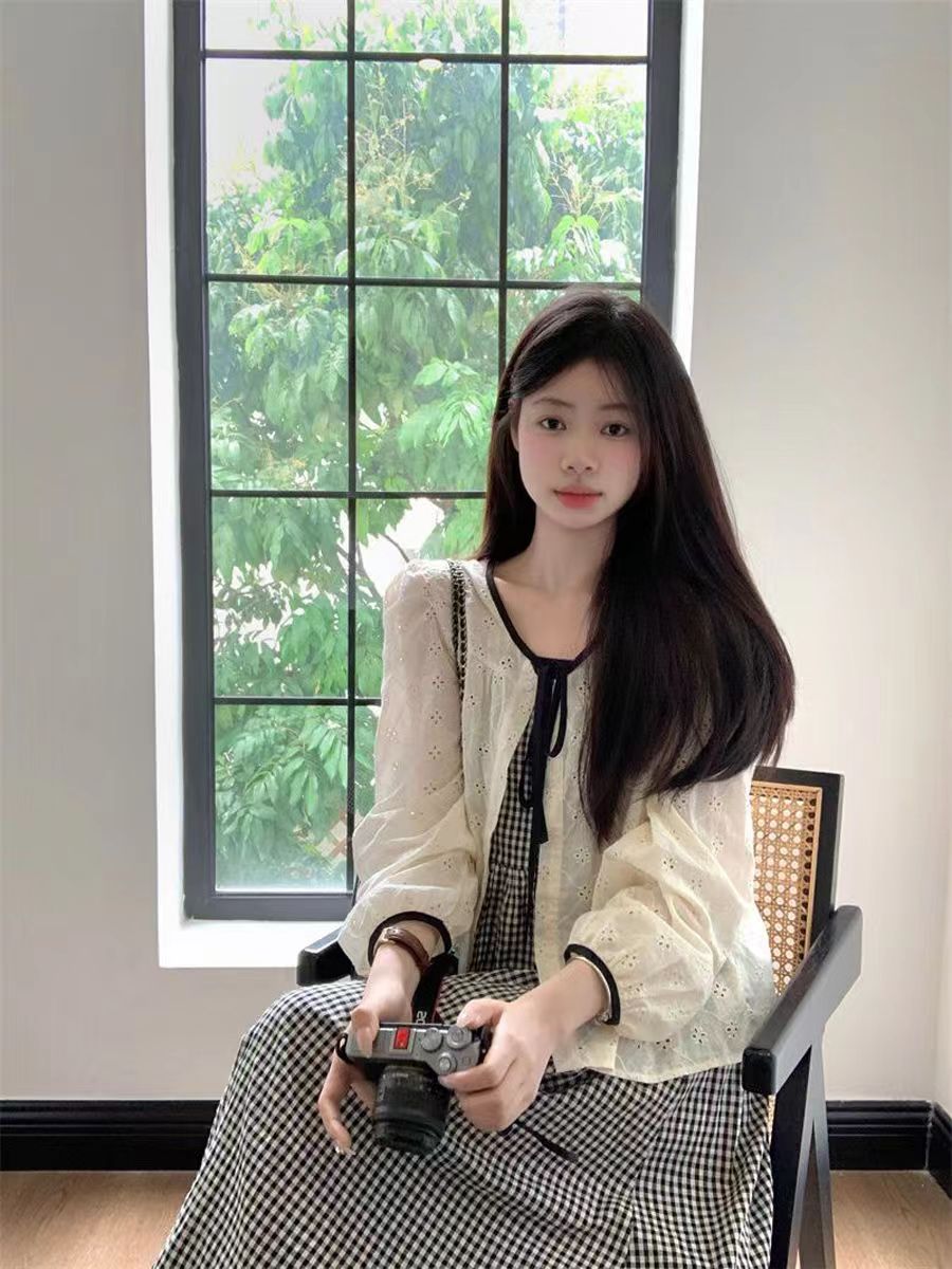 Checkered halter dress women 2024 spring/summer new high waist meat jacket   medium length A-line skirt two-piece set women