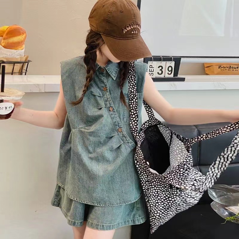 Female Youa Yousa denim suit Summer 2024 new girls fashion denim shorts two-piece set thin