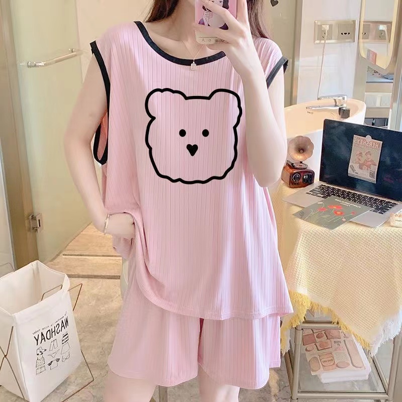 pajamas female summer ice silk vest two-piece cartoon bear 