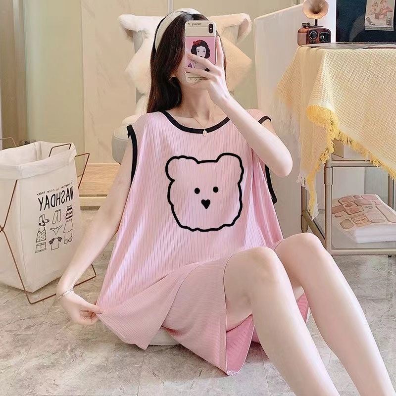 Add fat size pajamas female 300 pounds summer ice silk vest two-piece cartoon bear fat mm loose slimming