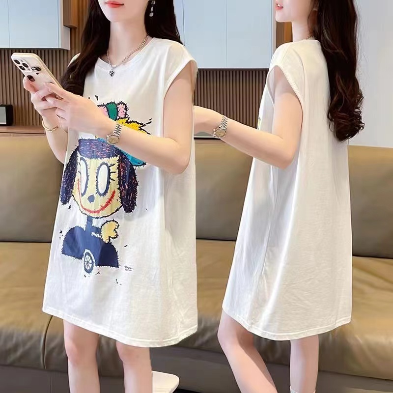 Summer medium length sleeveless vest nightdress women cartoon pajamas loose Korean version of home wear can be worn fashionable