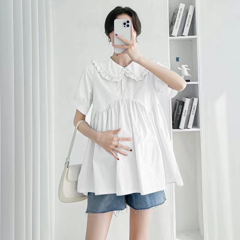 Pregnant women fashion new summer solid color short-sleeved lapel doll collar shirt thin cover belly Korean version of temperame