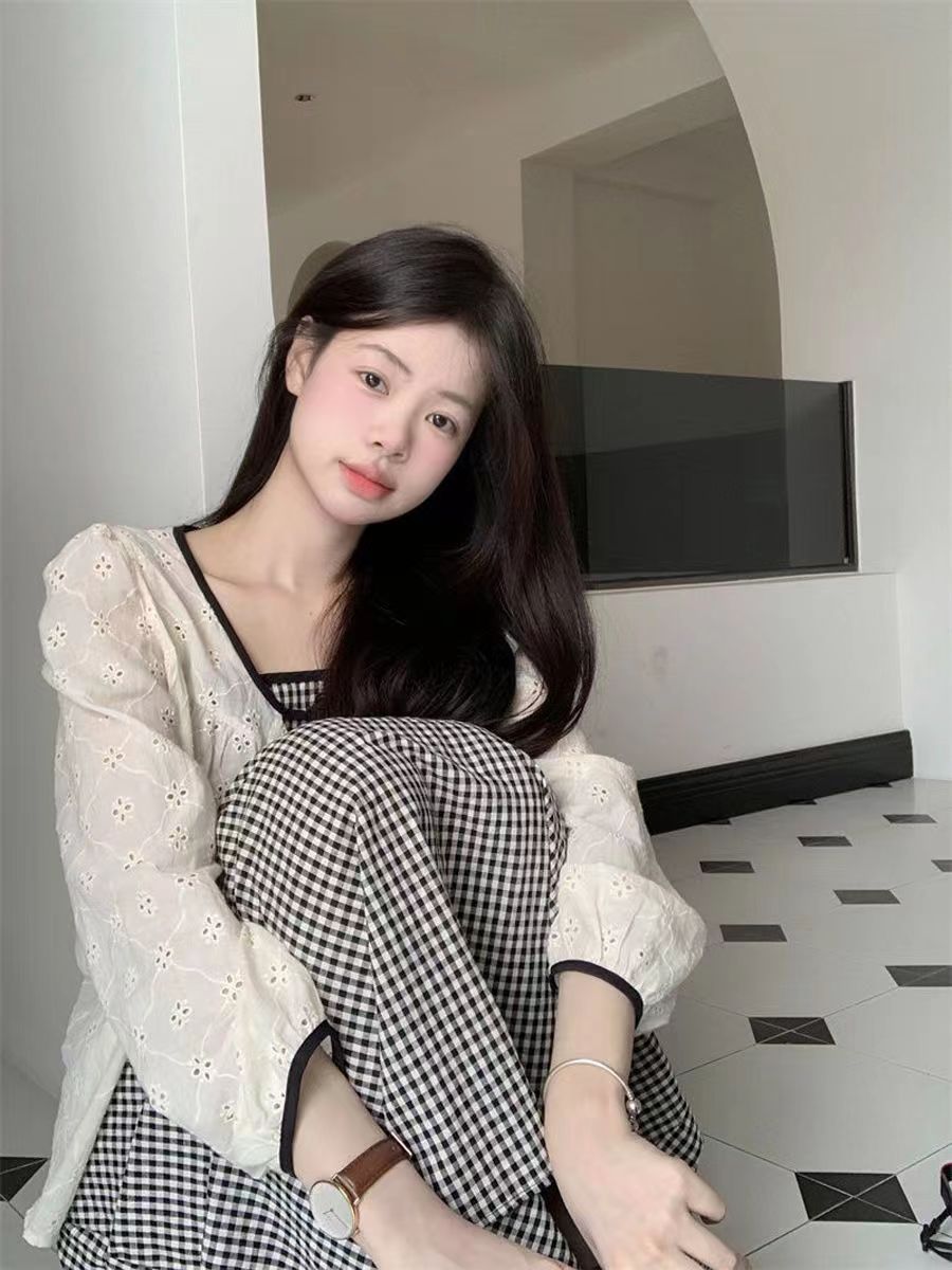 French sweet mori tie with folded halter dress women's two-piece summer lace short-sleeved blouse dress set