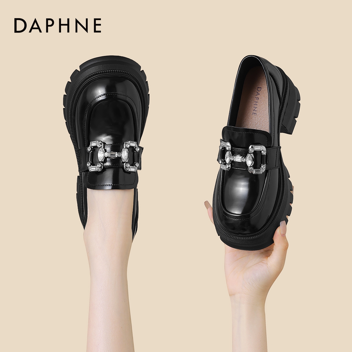 达芙妮英伦风乐福鞋女增高粗跟高跟小皮鞋单鞋4024101441