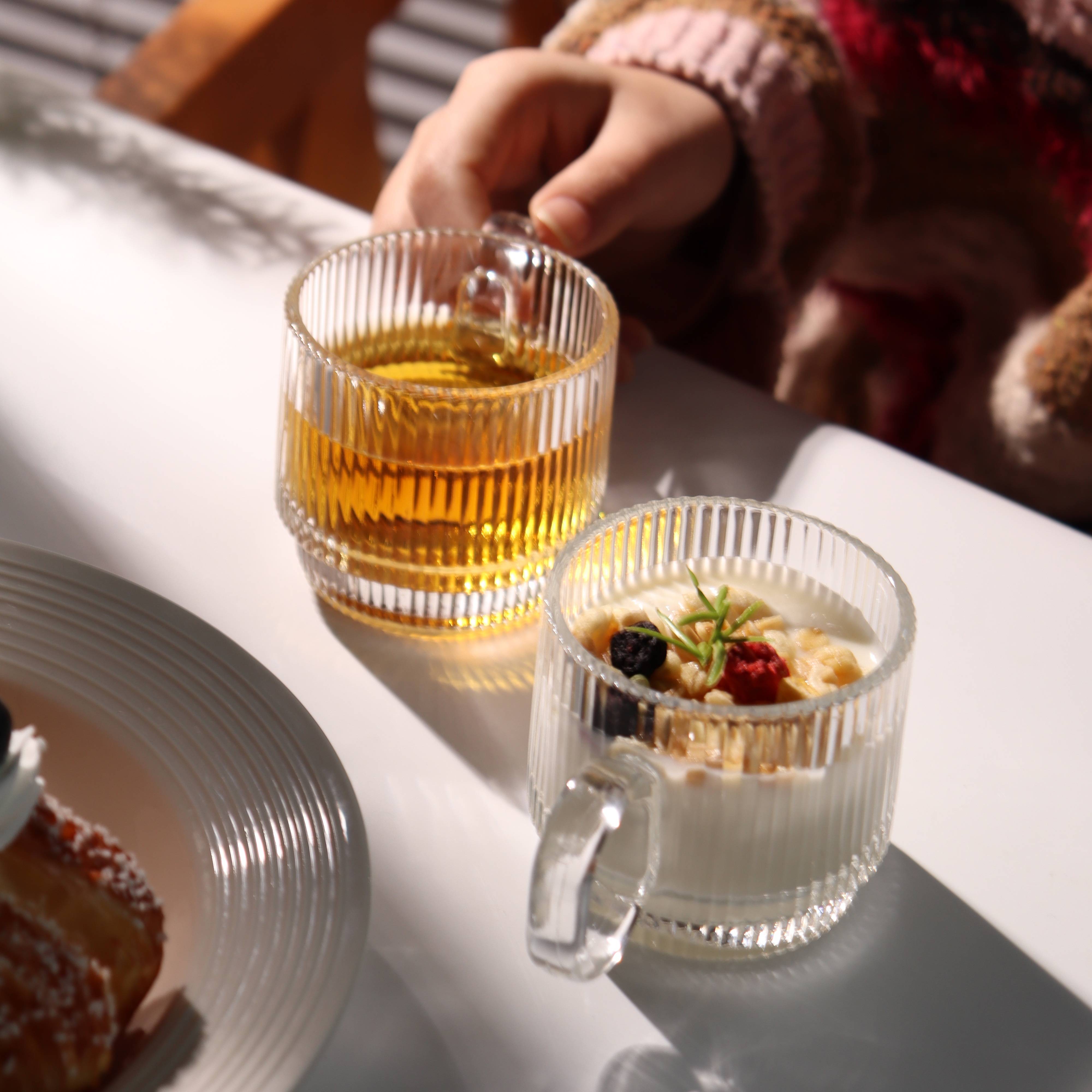 竖纹水杯马克杯轻奢家用玻璃杯锤纹条纹茶杯2个装