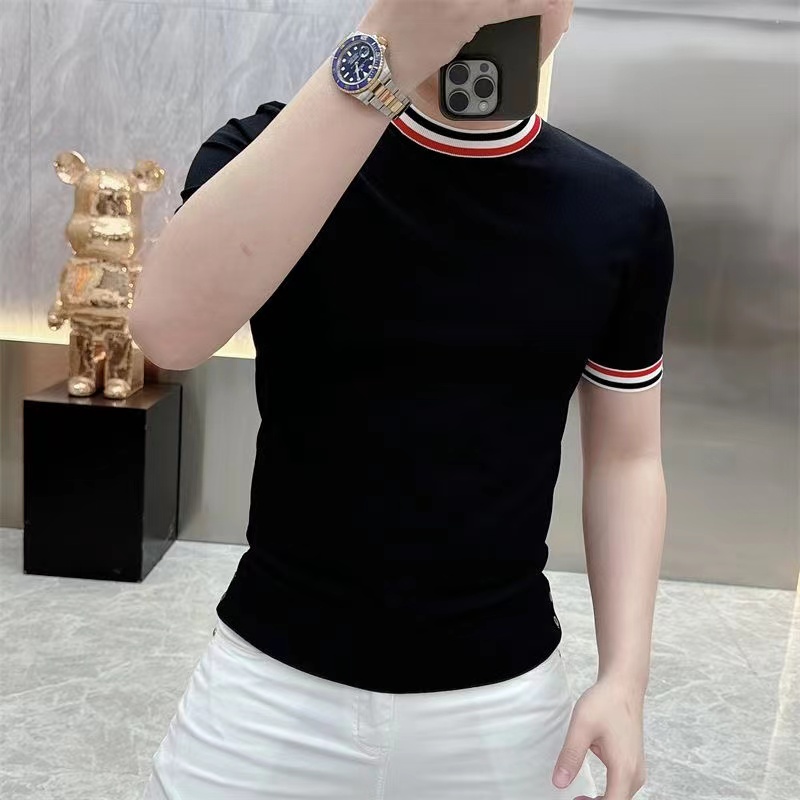 Summer men's simple new ice silk short sleeve sweater personality interwoven casual sports short sleeve