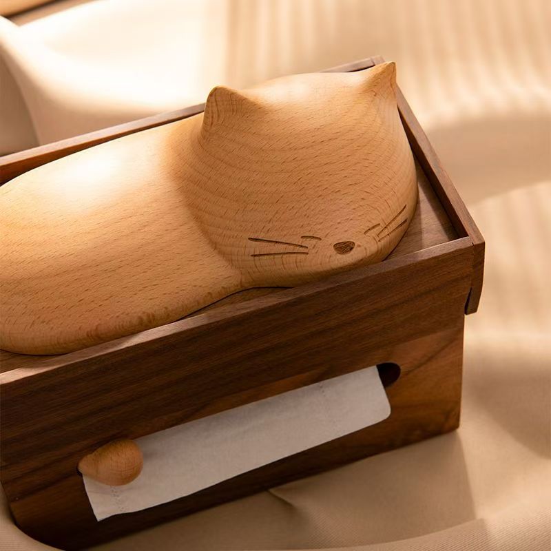 Creative solid wood cat cardboard box North American black Walnut tissue box Cute desktop wooden tissue box gift