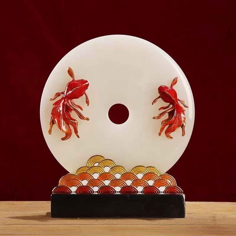 New Chinese enamel color koi natural jade peace button decoration high-end wine cabinet entrance TV cabinet decoration