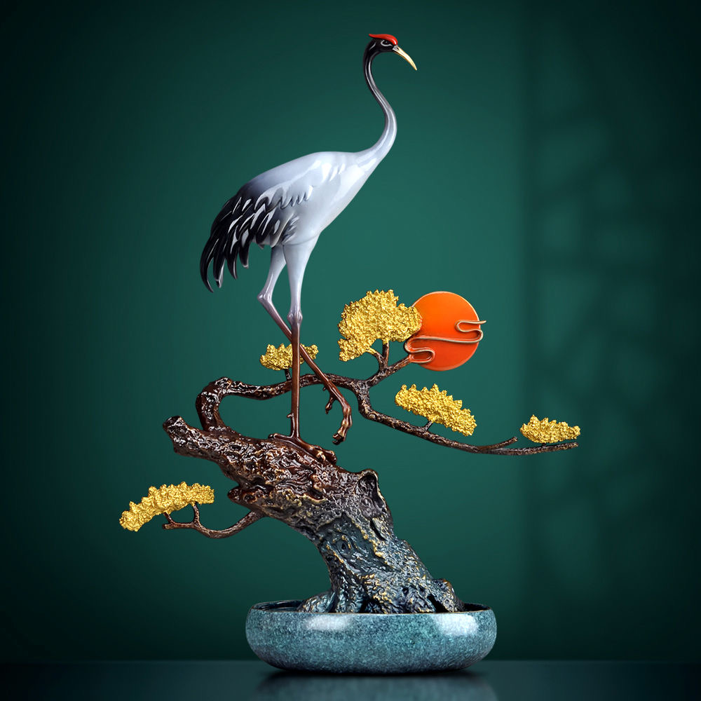 Crane ornaments Brass handicrafts Pine crane longevity Chinese living room entrance auspicious bronze crane rising sun east