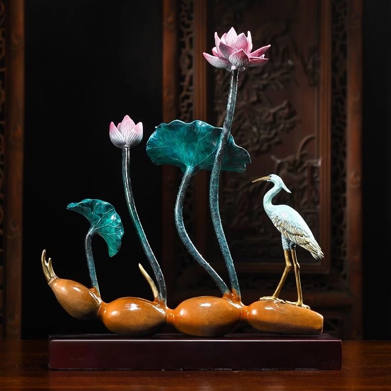 Chinese net red color bronze crane lotus decoration home living room porch office desktop decoration housewarming gift