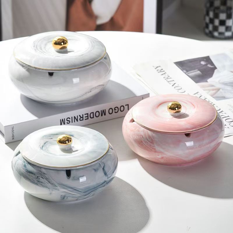 Ceramic large ashtray marble creative light luxury home living room personality Nordic office advanced ashtray with cover