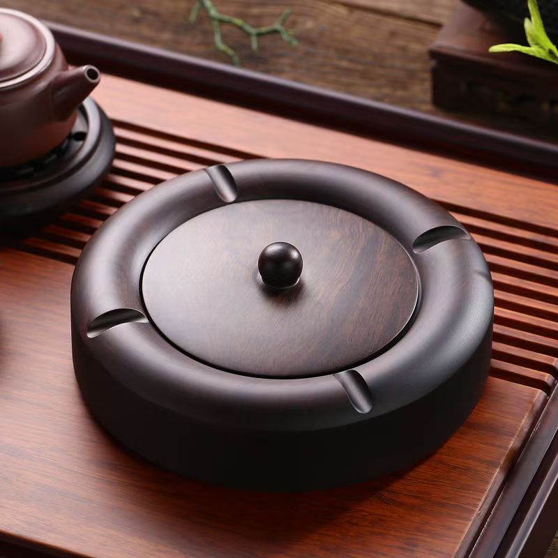High-grade ebony solid wood ashtray with cover large household fly-proof ash creative personality Chinese retro