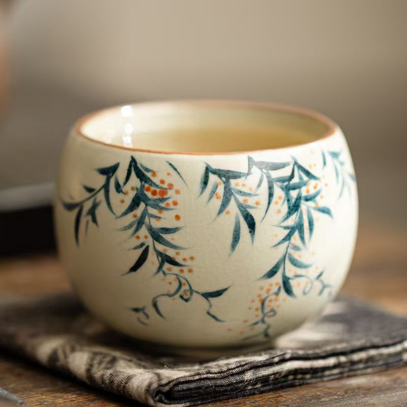 Yellow Ru Ru Pottery Hand-Painted Overglaze Purple Wisteria Tea Cup Ceramic Gongfu Tea Set Tea Cup for the Master Home Use Singl