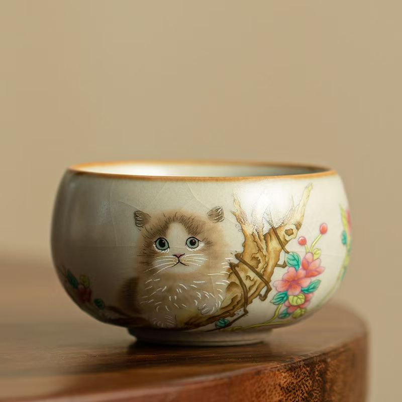 Yuhuang Ru Kiln open piece lazy cat retro coarse pottery tea kung fu tea cup Chinese household Ru kiln cat cup