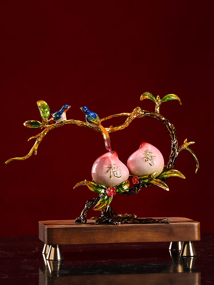 Enamel double birthday peach decoration new porch antique frame elders birthday gift decoration Ruyi wine cabinet