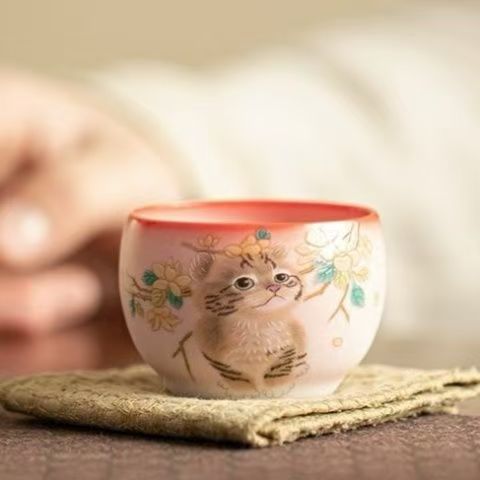 Ru kiln pink cat tea cup personal single cup ceramic kung fu tea set high-end lady master cup Chinese style