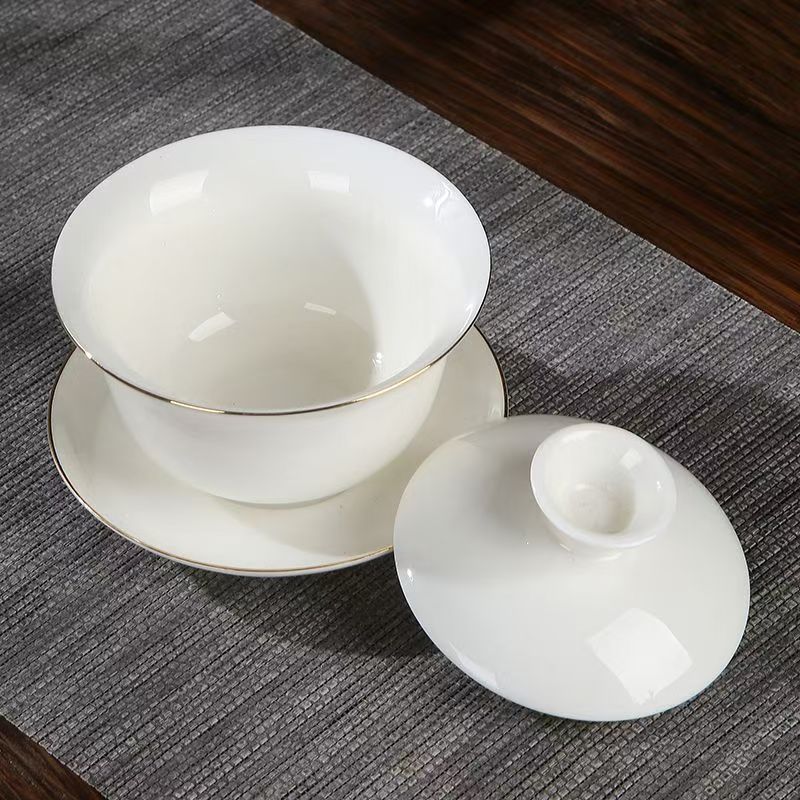 Mutton fat jade white porcelain cover bowl three bowl tea bowl Single home tea making bowl kung fu tea set