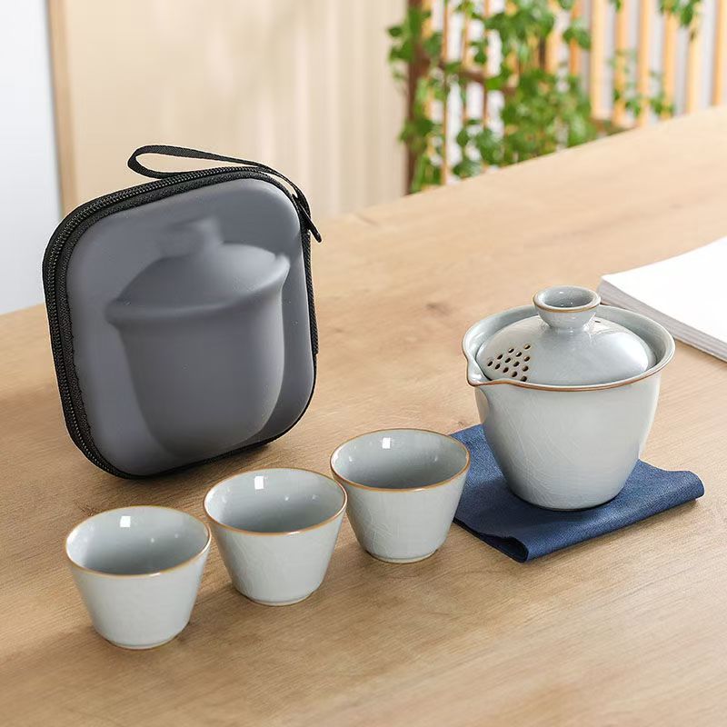 Yuebai Ru Kiln quick cup a pot of three cups outdoor camping tea set tea ceramic portable travel tea cup