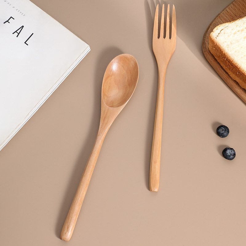 Lotus spoon fork Wooden tableware fruit fork unpainted solid wood spoon fork